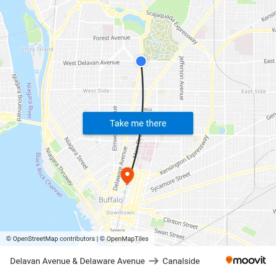 Delavan Avenue & Delaware Avenue to Canalside map