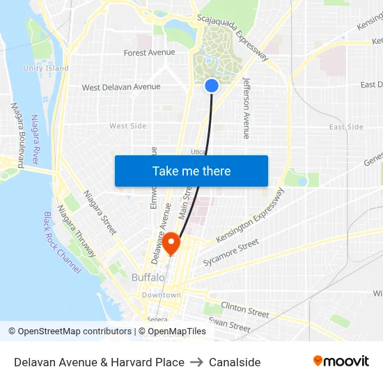 Delavan Avenue & Harvard Place to Canalside map