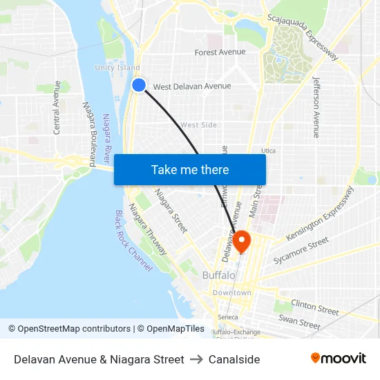 Delavan Avenue & Niagara Street to Canalside map