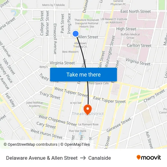 Delaware Avenue & Allen Street to Canalside map