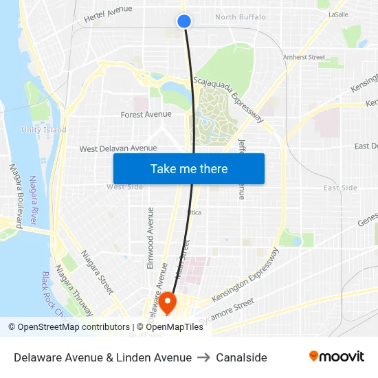 Delaware Avenue & Linden Avenue to Canalside map