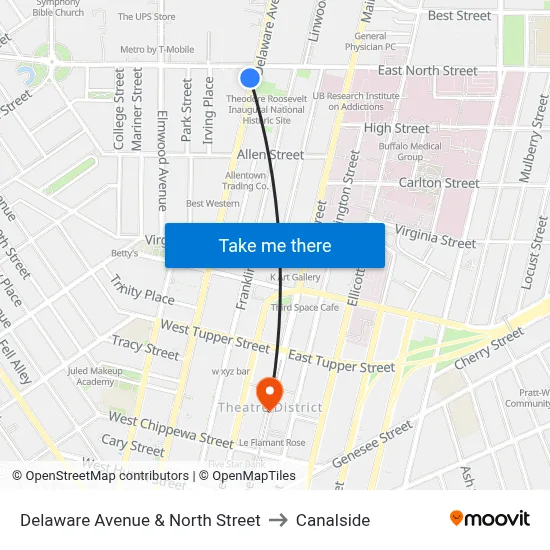 Delaware Avenue & North Street to Canalside map