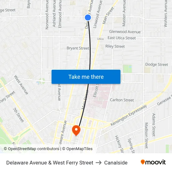 Delaware Avenue & West Ferry Street to Canalside map