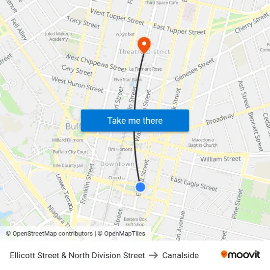 Ellicott Street & North Division Street to Canalside map