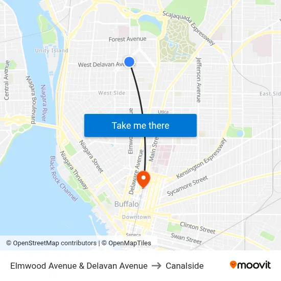 Elmwood Avenue & Delavan Avenue to Canalside map