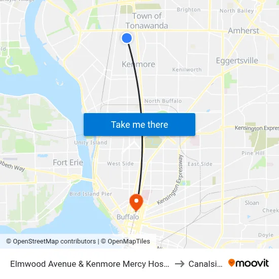 Elmwood Avenue & Kenmore Mercy Hospital to Canalside map