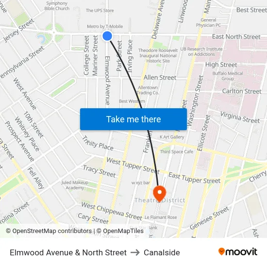Elmwood Avenue & North Street to Canalside map