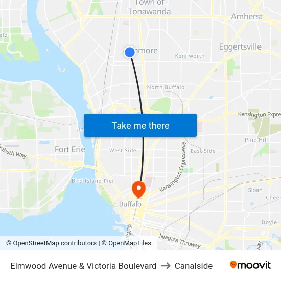 Elmwood Avenue & Victoria Boulevard to Canalside map