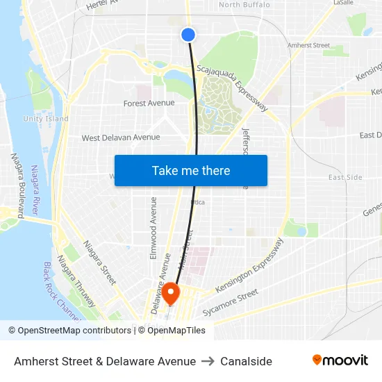 Amherst Street & Delaware Avenue to Canalside map