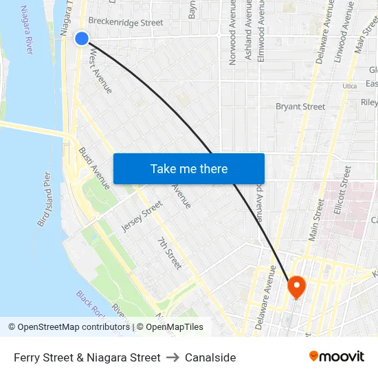 Ferry Street & Niagara Street to Canalside map