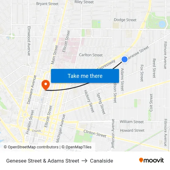Genesee Street & Adams Street to Canalside map
