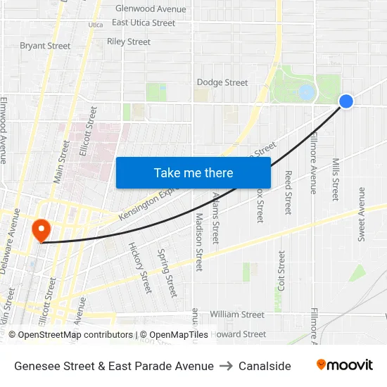 Genesee Street & East Parade Avenue to Canalside map