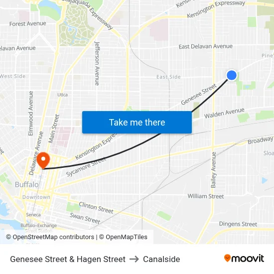 Genesee Street & Hagen Street to Canalside map