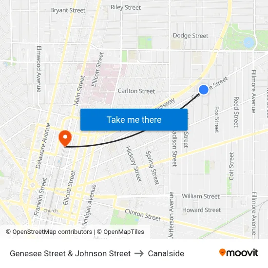Genesee Street & Johnson Street to Canalside map