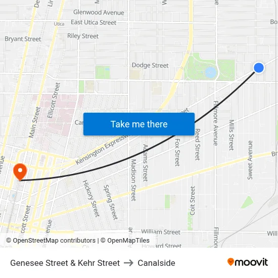 Genesee Street & Kehr Street to Canalside map