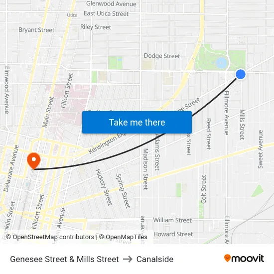 Genesee Street & Mills Street to Canalside map