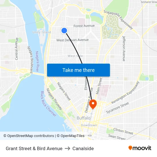 Grant Street & Bird Avenue to Canalside map
