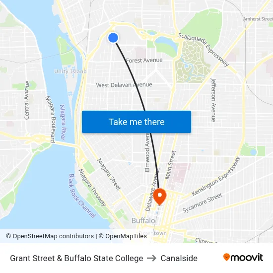 Grant Street & Buffalo State College to Canalside map