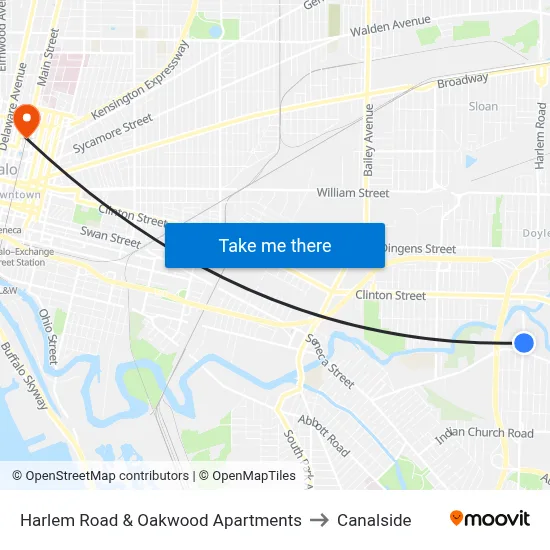 Harlem Road & Oakwood Apartments to Canalside map