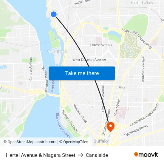 Hertel Avenue & Niagara Street to Canalside map