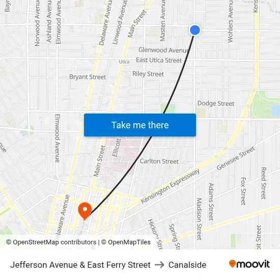 Jefferson Avenue & East Ferry Street to Canalside map