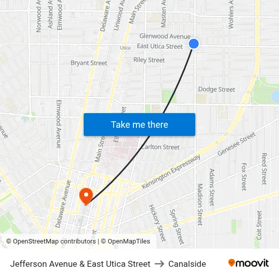 Jefferson Avenue & East Utica Street to Canalside map