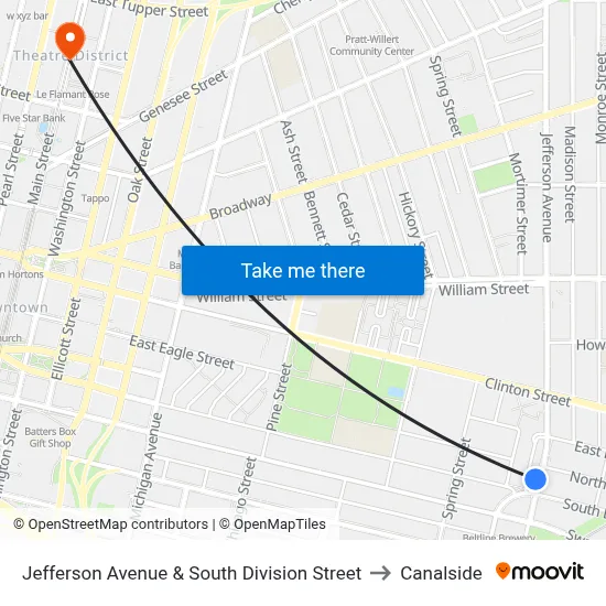 Jefferson Avenue & South Division Street to Canalside map