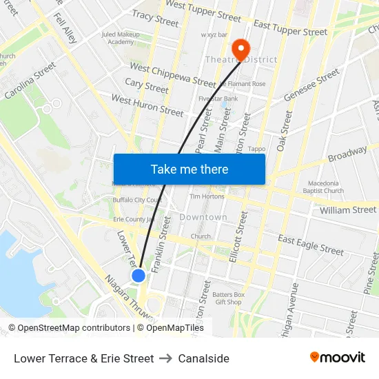 Lower Terrace & Erie Street to Canalside map