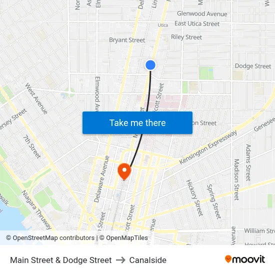 Main Street & Dodge Street to Canalside map