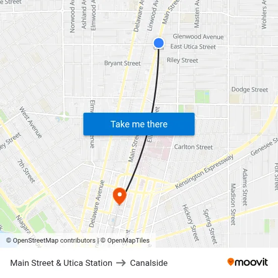 Main Street & Utica Station to Canalside map