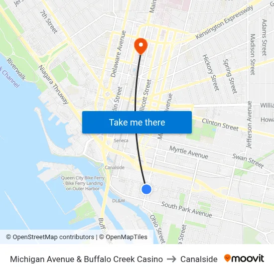 Michigan Avenue & Buffalo Creek Casino to Canalside map