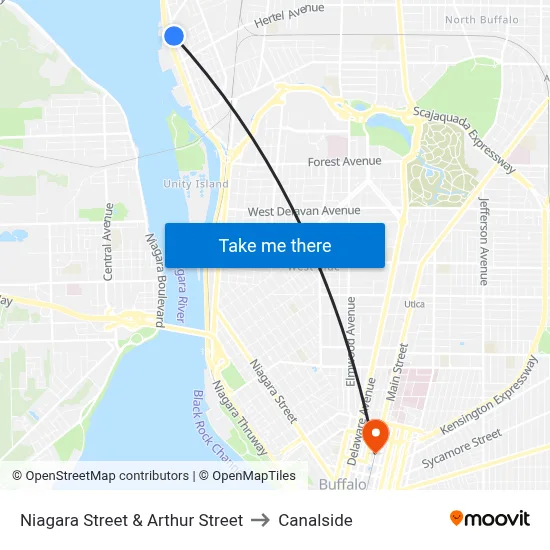 Niagara Street & Arthur Street to Canalside map
