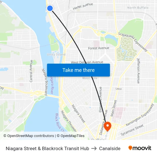Niagara Street & Blackrock Transit Hub to Canalside map