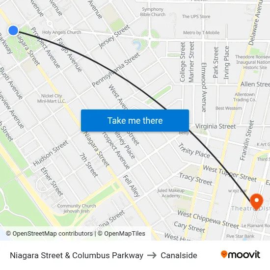 Niagara Street & Columbus Parkway to Canalside map