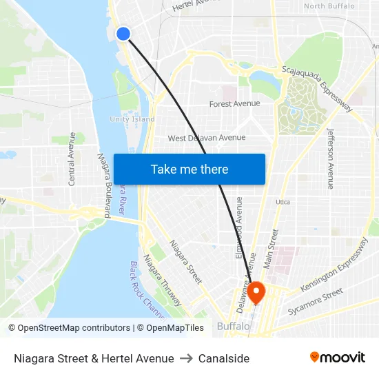 Niagara Street & Hertel Avenue to Canalside map
