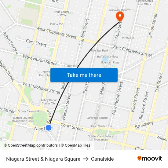 Niagara Street & Niagara Square to Canalside map