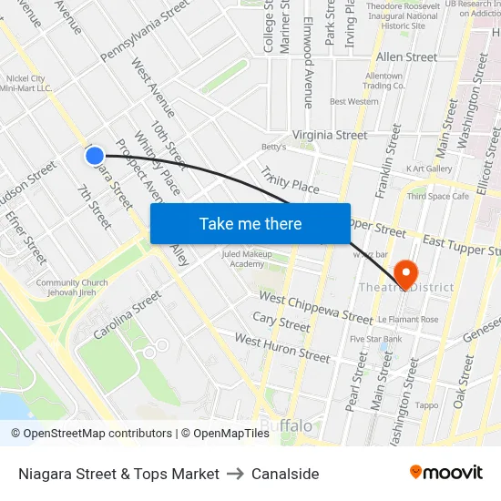 Niagara Street & Tops Market to Canalside map