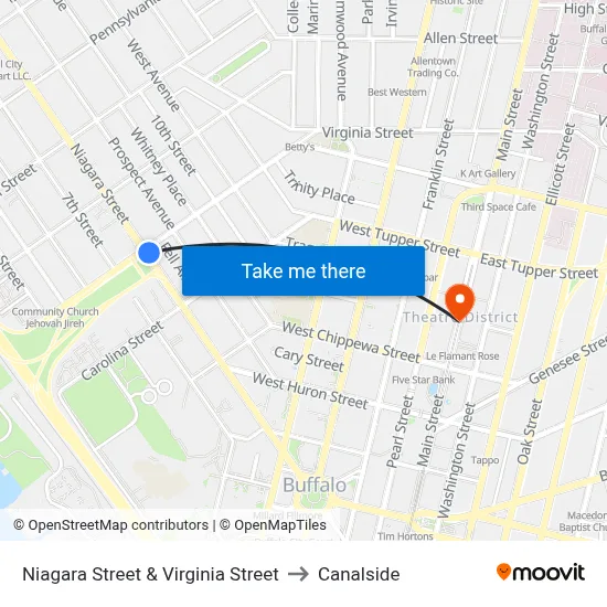 Niagara Street & Virginia Street to Canalside map