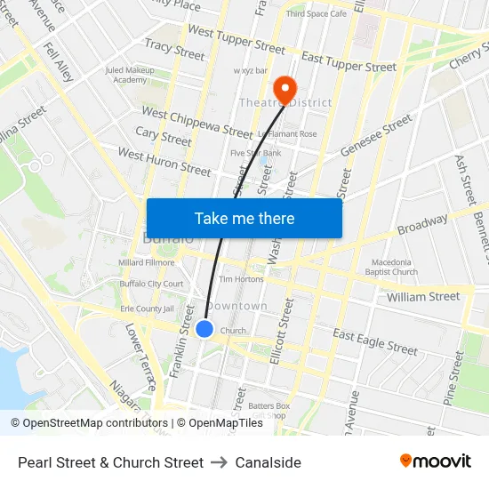 Pearl Street & Church Street to Canalside map