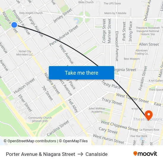 Porter Avenue & Niagara Street to Canalside map