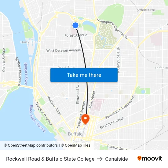 Rockwell Road & Buffalo State College to Canalside map