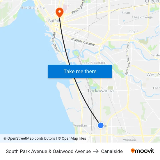 South Park Avenue & Oakwood Avenue to Canalside map