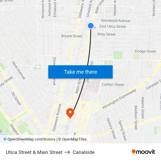 Utica Street & Main Street to Canalside map