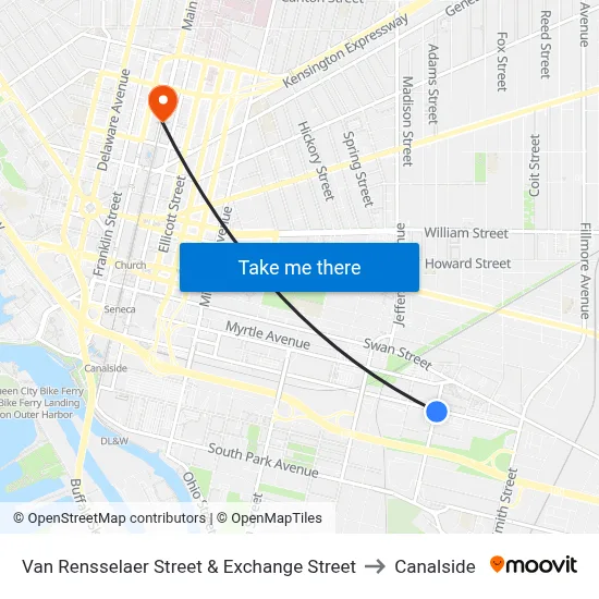 Van Rensselaer Street & Exchange Street to Canalside map