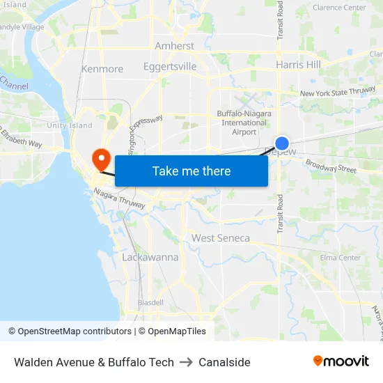 Walden Avenue & Buffalo Tech to Canalside map