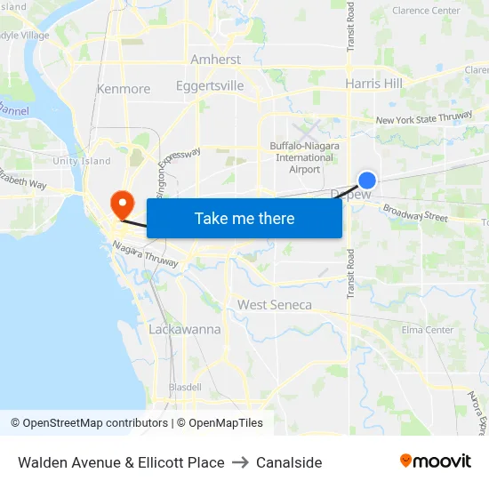 Walden Avenue & Ellicott Place to Canalside map