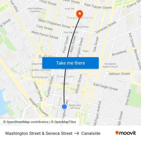 Washington Street & Seneca Street to Canalside map