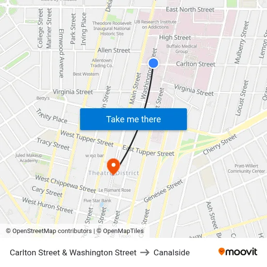 Carlton Street & Washington Street to Canalside map