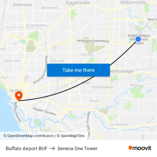 Buffalo Airport BUF to Seneca One Tower map