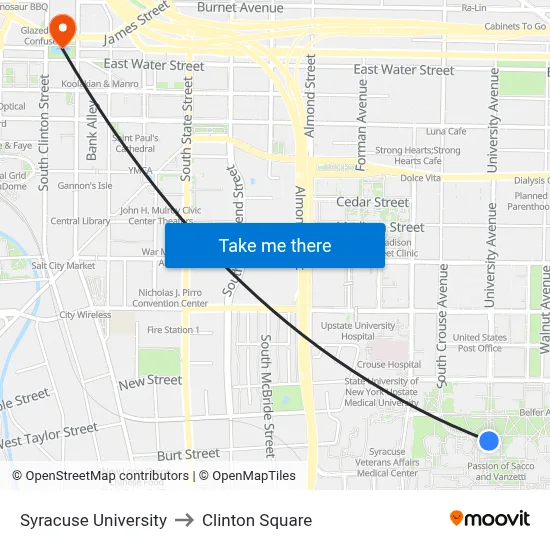 Syracuse University to Clinton Square map